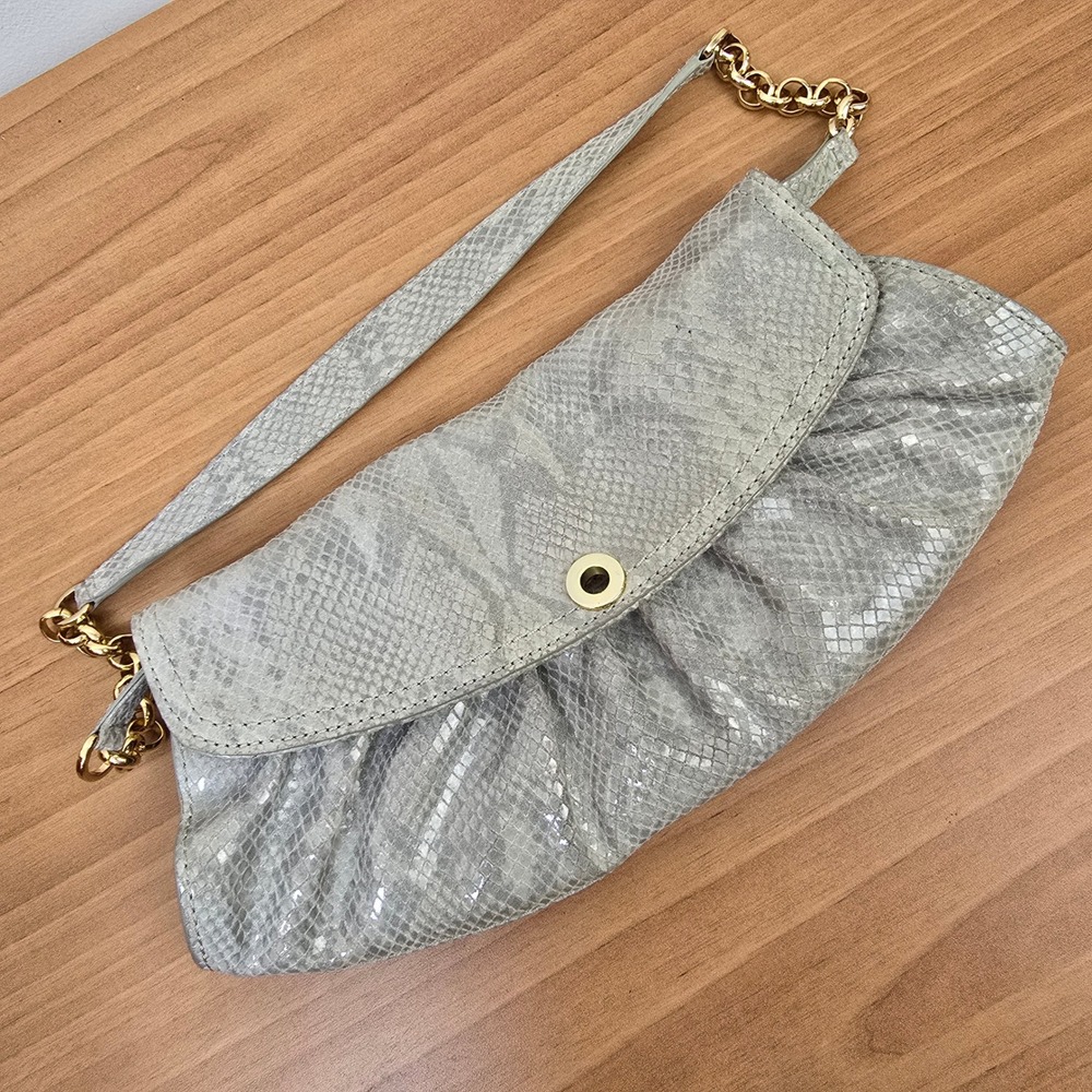Charles David Gray Faux Snakeskin Convertible‎ Clutch Shoulder Bag Gold Chain